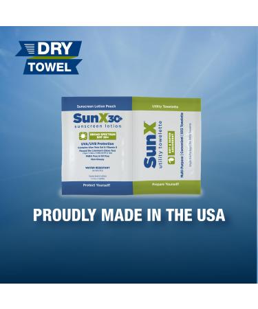 CoreTex Sun X 30+ Broad Spectrum Sunscreen Packets & Dry Towels Duo Kit - Pack of 100 Paraben Oxybenzone Octinoxate & Oil Free Sunscreen - No White Cast and Water Resistant Up to 80 Minutes 100 Count (Pack of 1) - Buy Online on GoSupps.com
