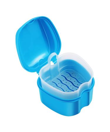 Denture Case Denture Bath Box Case Dental Orthodontic Retainer False Teeth Storage Case Box with Strainer denture cups for soaking dentures (Blue)