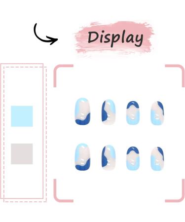24Pcs Short French Almond False Nails - Blue Wave Press On Acrylic Full Cover Stick On Nails for Women - Oval Glossy Fake Nails with Glue Stickers - DIY Manicure - Buy Online on GoSupps.com
