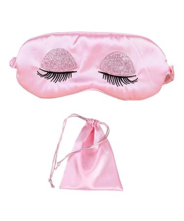 EleCharm Sweet Girl's Satin Eye Mask Long Eyelash Embroidered Eye Cover Sleeping Eyeshade with Portable Pouch Eyelash-pink-satin 2 Piece Set