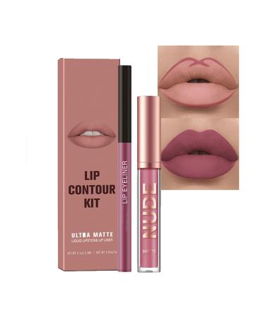 Lip Liner and Lipstick Set - Nude Lipstick - Non-Sticky Long Lasting Waterproof Lip Stain - Highly Pigment Lip Stick and Lipliner Pencil - Lip Makeup Kits for Daily Makeup and Holiday Gifts (02)