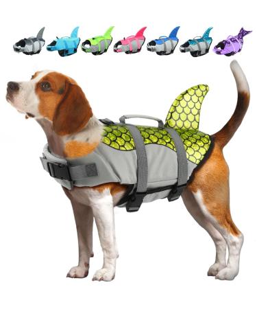 Emust dogs life jacket adjustable small/medium -sized/large dog chimney for water safety pets with a rescue handle safety vest for swimming pool beach l fish olive green
