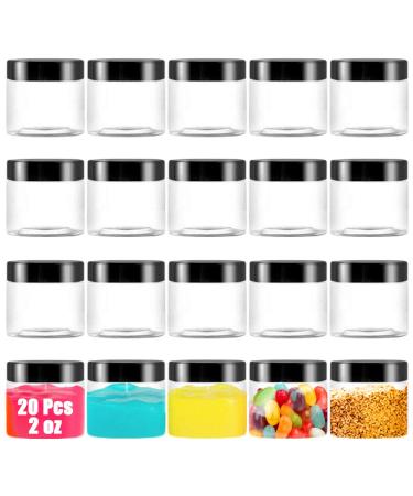 20 Pack 2 oz Clear Plastic Round Slime Containers,Empty Plastic Storage Jars with Black Lids,Refillable Storage Container for Slime,Cosmetic,Cream,Paint,Jewelry
