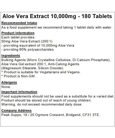 Peak Supps Aloe Vera 10 000mg Extract - 180 Tablets - Vegan - Buy Online on GoSupps.com