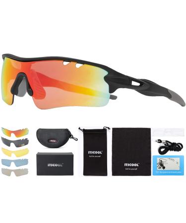 ITSCOOL Polarized Sports Sunglasses with 5 Interchangeable Lenses for Men Women Softball Running Cycling Baseball Glasses Black+orange