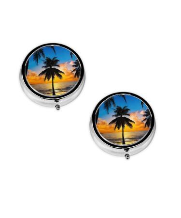 (Hawaii Beach) Round Pill Box 3 Compartment Pill Box Mini Decorative Pocket Purse Portable Travel Medicine Tablet Vitamin Holder Organizer Pill Case
