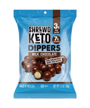 Shrewd Food Keto Chocolate Protein Dippers- Keto Snacks, 3g Net Carbs, 7g of Protein, Only 150 Calories, High Quality Ingredients, Unsweetened Chocolate & Cocoa Butter - Milk Chocolate Dipped Protein Puffs, 1.2 Oz (Pack of 16)