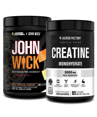 Jacked Factory X John Wick - Wick Mode Pre Workout Powder (Last Tropical Sunrise 40 Servings) & Creatine Monohydrate Powder (Unflavored 85 Servings)