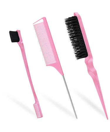 Qufiiry 3 Pcs Slick Back Hair Brush Edges Brush Slick Brush Set Back Combing Brushes Teasing Brush Backcombing Brush For Women Hair Salon Hair Slicking Pink
