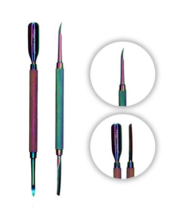Legacy Nails Professional MULTICOLOR DUAL CUTICLE PUSHER & REMOVER in Stainless Steel - Sharpened-spoon shape - Sharp-pointed shape