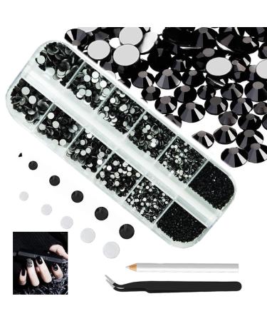 4200 pcal black rhinestones nail gemstones round flatback stones assorted SS6-SS20 to K9 glass black nail crystals jewels nail art nail charms for nails face diy 1hrz-black