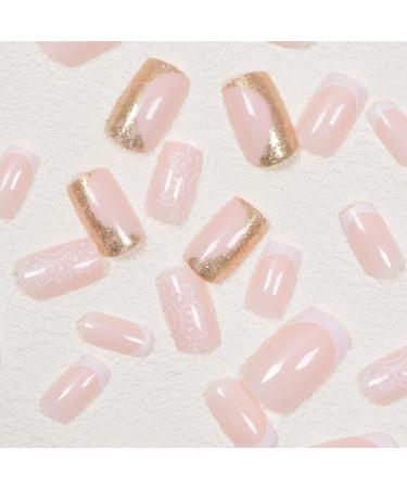 SINLOV Short Square Fake Nails Flower Glossy Press on False Nails Pink Nude Ballerina Artificial Finger Nails French Full Cover False Nails for Women and Girls - Buy Online on GoSupps.com