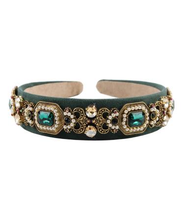 Vintage Crystal Headband with Simulated Pearl Beads - Rhinestone Flower Leaf Charm Hair Jewelry in Green - Buy Online on GoSupps.com