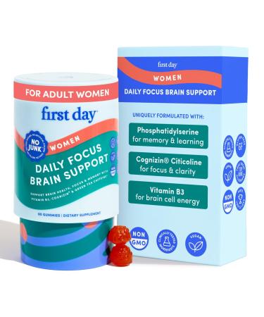 FIRST DAY Women s Brain Gummies for Focus, Memory & Clarity | Cognizin Citicoline + Phosphatidylserine | Natural Sustained Energy, Peach Flavor, Vegan, Non-GMO | 30-Day Supply