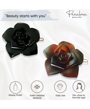 Parcelona French Flower Small Celluloid Acetate Barrettes Set of 2 - Fine Hair Women Hair Accessories - Made in France (Tortoise Shell/Black) - Buy Online on GoSupps.com