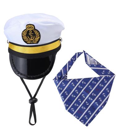 Yewong Pet Captain Sailors Costume Set Dog Cat Sea Captain Hat with Pet Anchor Triangle Bibs Scarf for Cat Puppy Navy Halloween Cosplay Costume Accessories Photo Props (White-B)