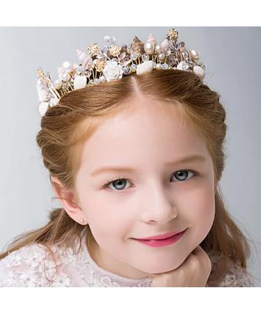 Campsis Flower Girl Headpiece Gold Seashell Crown Pearl Princess Birthday Hair Piece Wedding Hair Accessories for Women and Girls