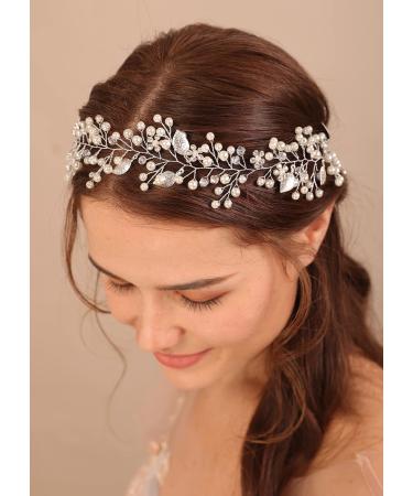 Deniferymakeup Pearl Bride Wedding Hair Vine Leaf Bridal Hair Accessories Pearl Wedding Headpiece for Women and Girls