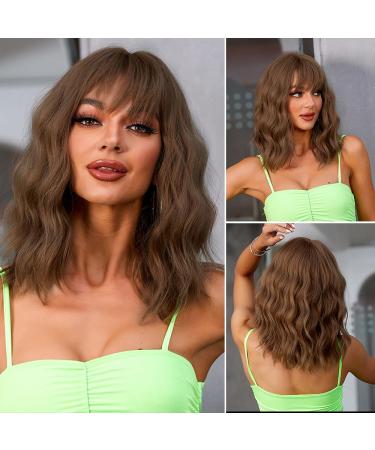 OUFEI Brown Wigs for Women Short Wavy Wig With Bangs Natural Synthetic Hair Heat Resistant Wigs for Daily Party Cosplay Wear Brown(278-3)