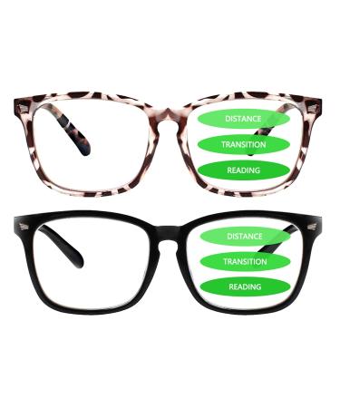 2-Pack Progressive Multifocal Anti Blue Light Reading Glasses for Women and Men Fashion Eyeglasses Frame (Black Demi 2.50) Black Demi 2.5 x
