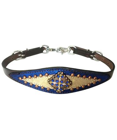 Showman Leather Wither Strap w/ Gold / Royal Blue Metallic Overlay & Rhinestones, Dark Oil, Royal Blue, Gold, Average Full Size Horse