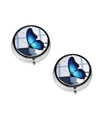 Blue Butterfly Printed Mini Round Pill Box Pill Box 3 Compartment Medicine Pill Case Pill Organizer Travel Pillbox Portable Pill Box for Pocket Home Office Use