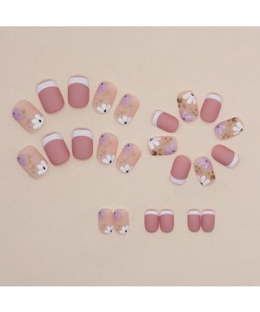 Buy French Tip Press-On Nails - Short Matte Square Acrylic Nails with Flower Designs Reusable Glue-On Nails for Women & Girls - Buy Online on GoSupps.com