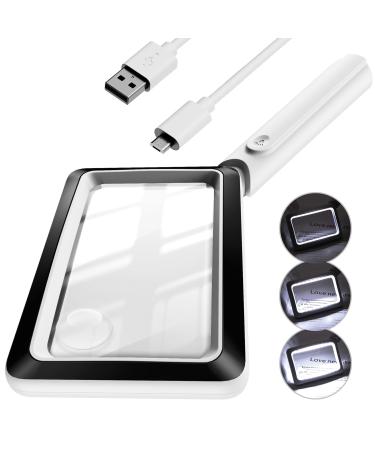 ANBULL 4X 8X Rechargeable Magnifying Glass with Light, 20 Anti-Glare Dimmable LEDs, Handheld 4.5''*2.7'' Rectangular Page Lighted Magnifying Glass for Close Work, Seniors Reading, Low Vision White
