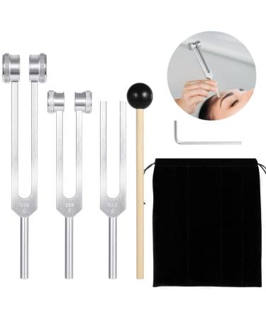 Tuning Fork Set for Healing (128Hz, 256Hz, 512Hz) of 3 Pack, Tuning Forks for Healing Chakra with Reflex Hammer for Medical/Sound Therapy/DNA Repair, Gift for Buddhists Yoga Teacher silver