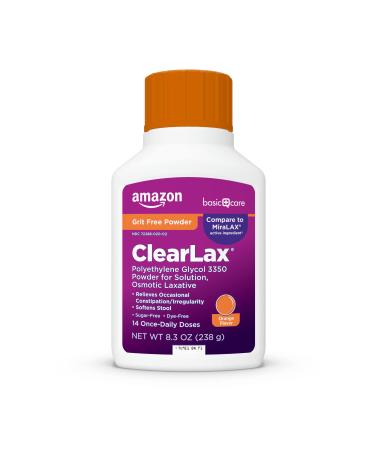 Amazon Basic Care ClearLax Polyethylene Glycol 3350 Powder for Solution, Orange Flavor, Osmotic Laxative, Stool Softener, Relieves Occasional Constipation, 8.3 ounce (Pack of 1)