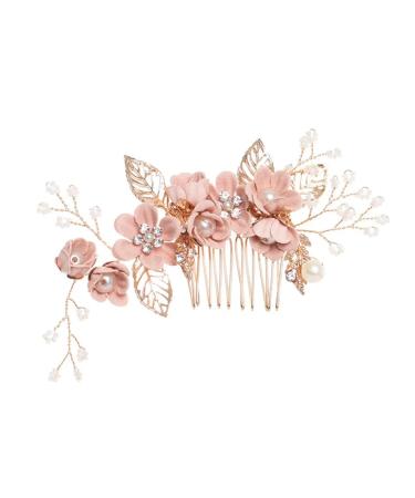 Ling & Bai Wedding Hair Comb Bridesmaid Rhinestone Hair Pins Piece Pearl Floral Hair Accessories for Woman and Girls (Pink)