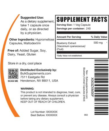 BulkSupplements Blueberry Extract Capsules - Vegan Gluten-Free Wild Blueberry Supplement 240 Veg Capsules 1 Capsule Serving - Buy Online on GoSupps.com