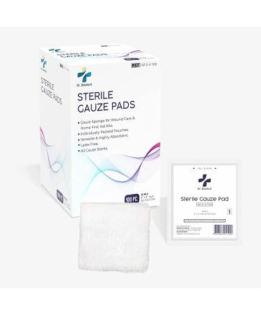 Dr.Deutsch Sterile Gauze Pads 2 x 2 (5 x 5 CM) for Wound Dressing Pack of 100 Individually Packed Pouches 12-Ply Cotton & Highly Absorbent Gauze Sponge-Pads for Wound Care & Home First Aid Kits