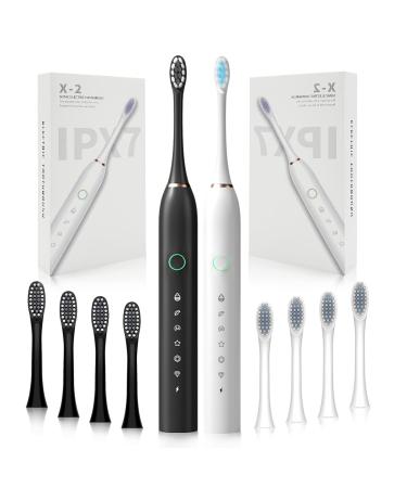 2 Pack Rechargeable Electric Toothbrushes for Adults and Kids Sonic Whitening Tooth Brush with 8 Brush Heads 6 Cleaning Modes and Smart Timer Waterproof Cleaning Toothbrushes Set(Black white)
