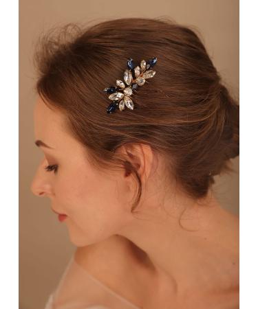 Deniferymakeup Bridal Hair Comb with Blue Navy Blue Headpiece Something Blue Hair Piece Side Swept Hair Clip Sapphire hair come for bride (Style 2)