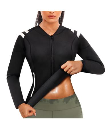LODAY Womens Neoprene Sauna Body Shaper Suit Hot Sweat Tummy Slimmer Workout Jacket Top Full Zip Up Black (Long Sleeves) Large