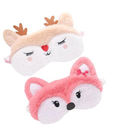 2 Pack Cute Animal Sleep Mask for Girls Cute Cartoon Fox Elk Soft Plush Blindfold Sleep Masks Eye Cover for Women Girls Travel Nap Night Sleeping