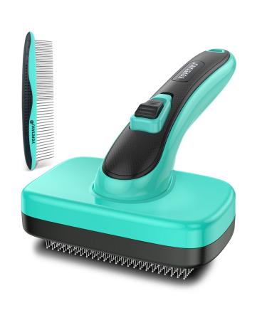 Dog Cat Self-Cleaning Slicker Brush for Shedding & Grooming Long Short Haired, Upgraded PAIN-FREE Bristles Gently Removes Loose Undercoat, Mats, Tangled Hair With All Hair Types + FREE Bonus Pet Comb Brush + Comb Set