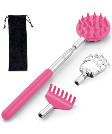 Telescoping Back Scratcher with 3Pcs Detachable Scratching Heads,Tukuos Back Scratcher Extendable Backcratchers for Men/Women,Bear Claw/Rake Scratcher for Aggressive/Moderate Scratching Pink