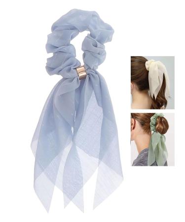 Massmot Hair Scarf for Women Hair Bow Ties for Girls Ribbon Hair Scrunchies Hair Bobbles Bands Chiffon Bow Scrunchies Stretch Hair Ties Lace Headbands Ponytail Miss Double Layer (Blue)