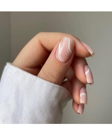 White Swirls Press On Nails - Short Square Shape - Nail Decoration for Women - Nail Glue Included - Buy Online on GoSupps.com