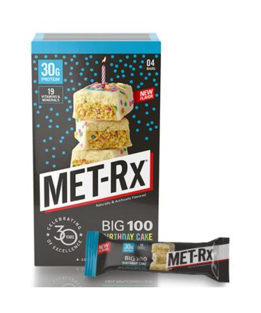 MET-Rx Big 100 Birthday Cake Bar, High Protein Bar, Meal Replacement, with Vitamin A, C and Zinc, 3.52 Oz., 8 Count