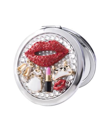 Beaupretty Round Mirror Compact Mirror Rhinestone Red Lips High Heels Magnifying Makeup Mirror Mini Pearl Folding Cosmetic Mirror Portable Vanity Mirror for Women Girls Hand Held Mirror