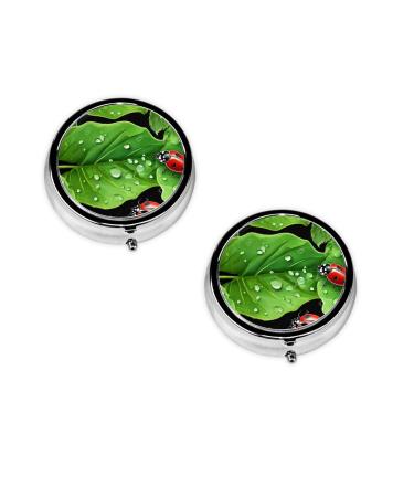 (Leaves and Ladybugs) Round Pill Box 3 Compartment Pill Box Mini Decorative Pocket Purse Portable Travel Medicine Tablet Vitamin Holder Organizer Pill Case