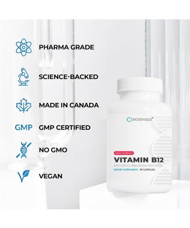 Biogenique Vitamin B12 - as Methylcobalamin Supports Energy Metabolism Nervous System Health Blood Cell Function and Methylation - Non OGM Gluten-Free Vitamin Supplement 90 Capsules - Buy Online on GoSupps.com