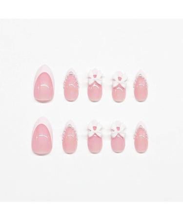 White French Tip Press on Nails - Almond Medium Glue-on Acrylic Nails with Pearls & Bow Designs | 24pcs Glossy False Nails for Women & Girls - Buy Online on GoSupps.com