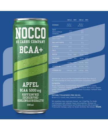 Nocco BCAA Energy Drink - Sugar-Free Vegan Energy - Caffeinated Amino Acid Drink - Apple Flavor - 24 x 330ml - Buy Online on GoSupps.com