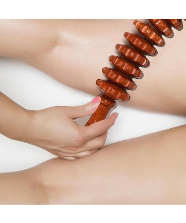 Wooden Massage Roller with Handle - Anti-Cellulite Body Massager for Back Neck & Legs - 12 Wheels - Natural Color - Buy Online on GoSupps.com