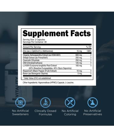 Vitality Testosterone Booster - Powerful Men's Supplement with Ashwagandha Shilajit & DIM for Strength & Enhanced Testosterone - 60 Count - Buy Online on GoSupps.com