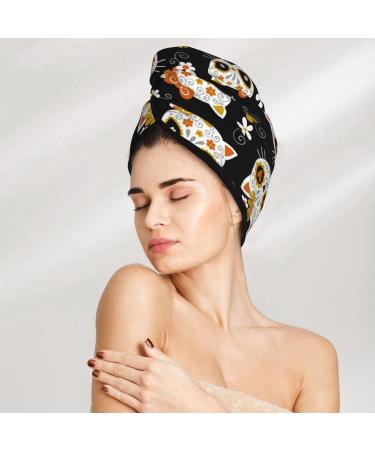 Hair Towel Wrap with Button - Fast Drying Towel Turban for Quick Hair Drying (Cat Skulls & Flowers) - Best Hair Drying Solution - Buy Online on GoSupps.com